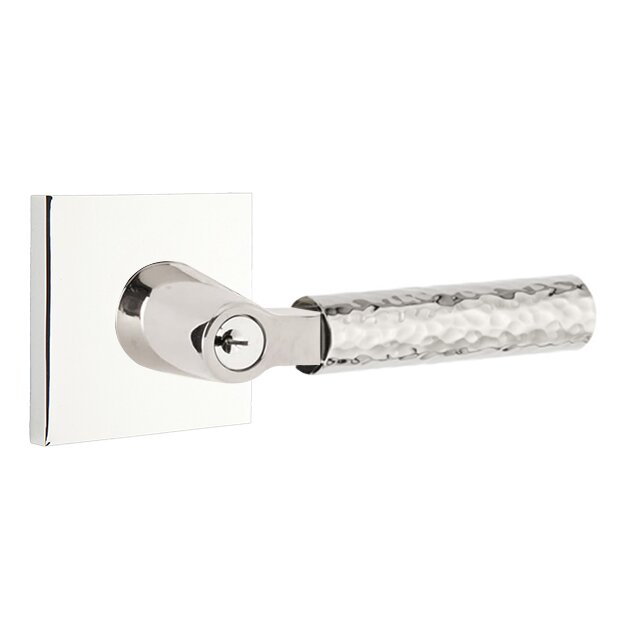 Emtek Key In L-Square Hammered Right Handed Lever with Square Rosette in Polished Chrome