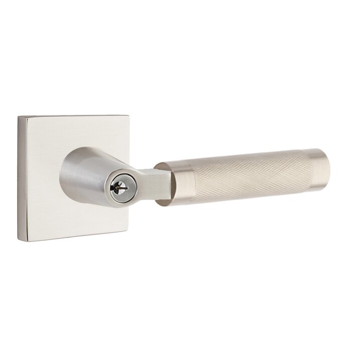 Emtek Key In L-Square Knurled Right Handed Lever with Square Rosette in Satin Nickel