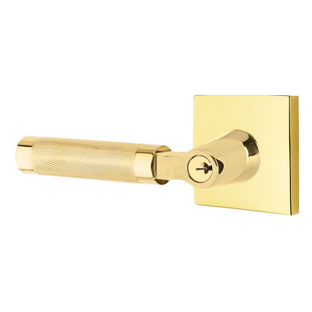 Emtek Key In L-Square Knurled Left Handed Lever with Square Rosette in Unlacquered Brass
