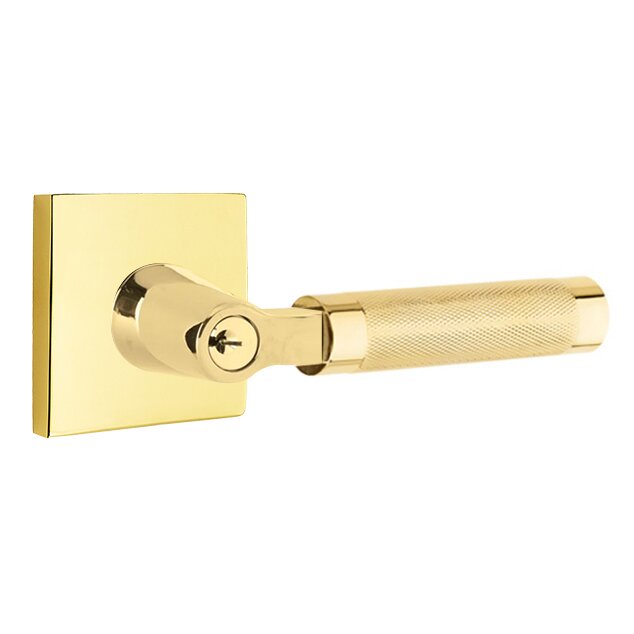 Emtek Key In L-Square Knurled Right Handed Lever with Square Rosette in Unlacquered Brass