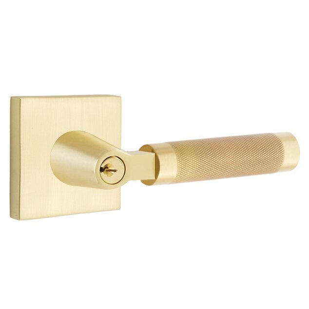 Emtek Key In L-Square Knurled Right Handed Lever with Square Rosette in Satin Brass