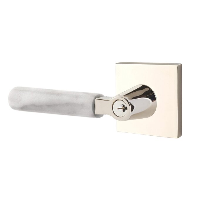 Emtek Key In L-Square White Marble Left Handed Lever with Square Rosette in Polished Nickel