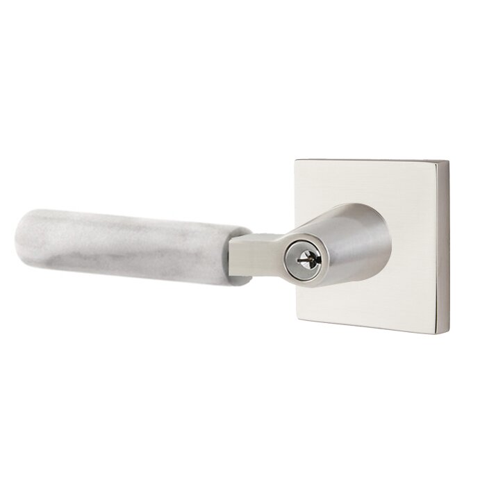 Emtek Key In L-Square White Marble Left Handed Lever with Square Rosette in Satin Nickel