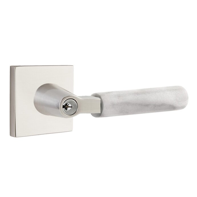 Emtek Key In L-Square White Marble Right Handed Lever with Square Rosette in Satin Nickel