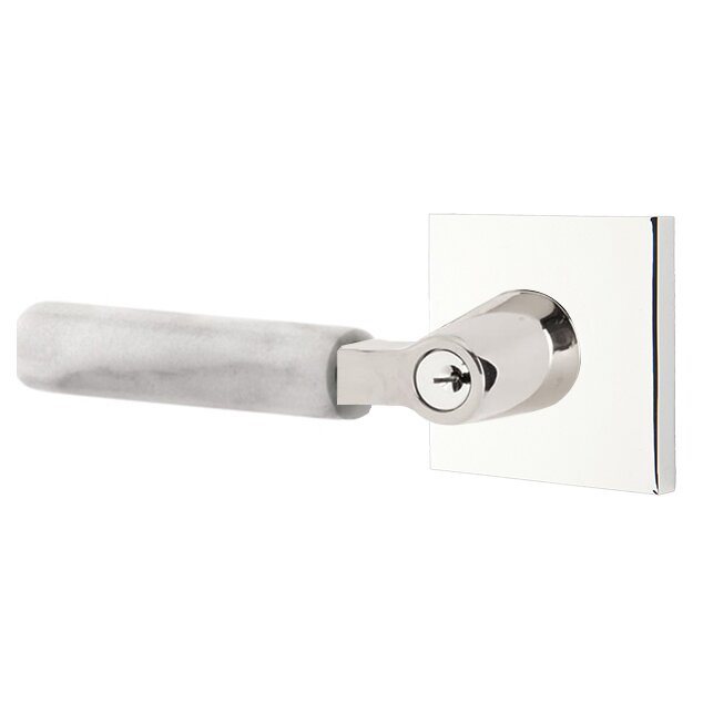 Emtek Key In L-Square White Marble Left Handed Lever with Square Rosette in Polished Chrome