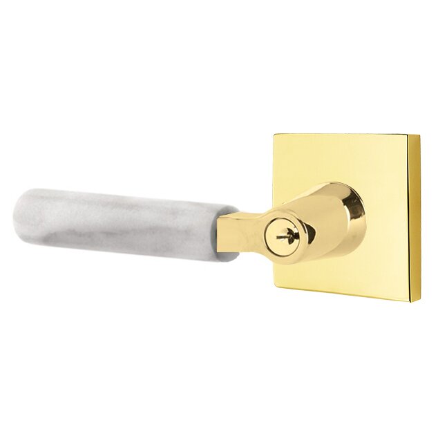 Emtek Key In L-Square White Marble Left Handed Lever with Square Rosette in Unlacquered Brass