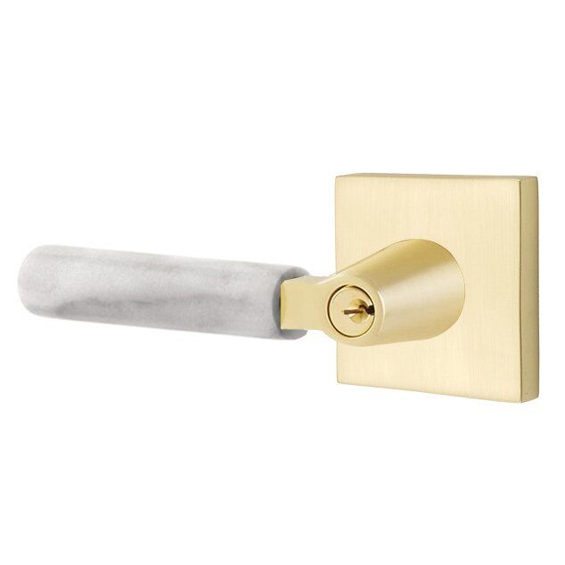 Emtek Key In L-Square White Marble Left Handed Lever with Square Rosette in Satin Brass