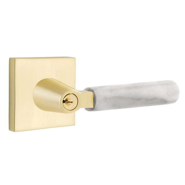 Emtek Key In L-Square White Marble Right Handed Lever with Square Rosette in Satin Brass