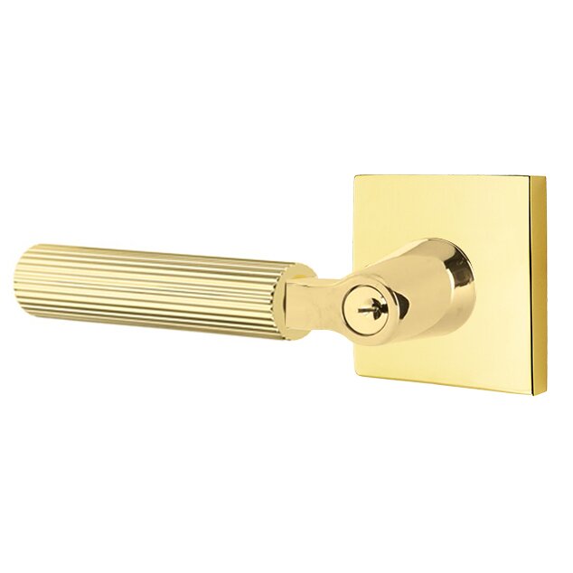Emtek Key In L-Square Straight Knurled Left Handed Lever with Square Rosette in Unlacquered Brass