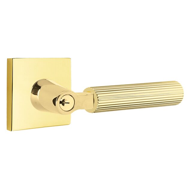 Emtek Key In L-Square Straight Knurled Right Handed Lever with Square Rosette in Unlacquered Brass
