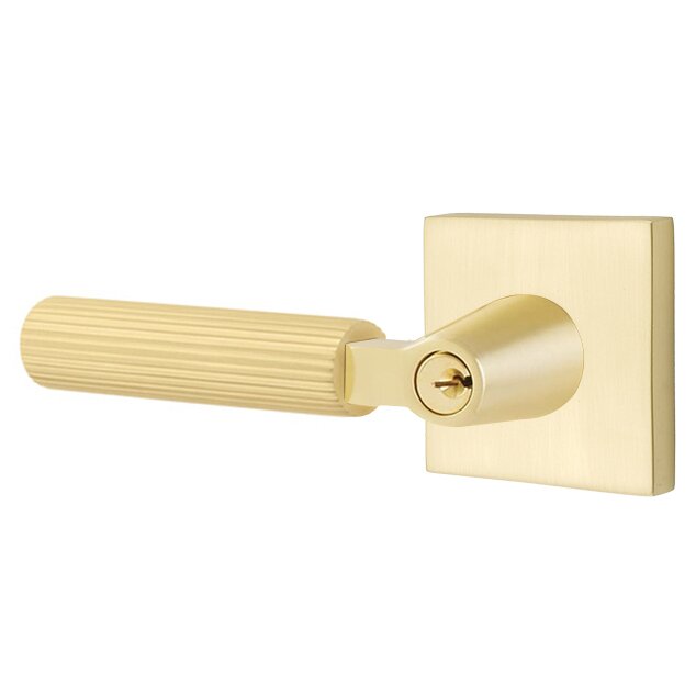Emtek Key In L-Square Straight Knurled Left Handed Lever with Square Rosette in Satin Brass