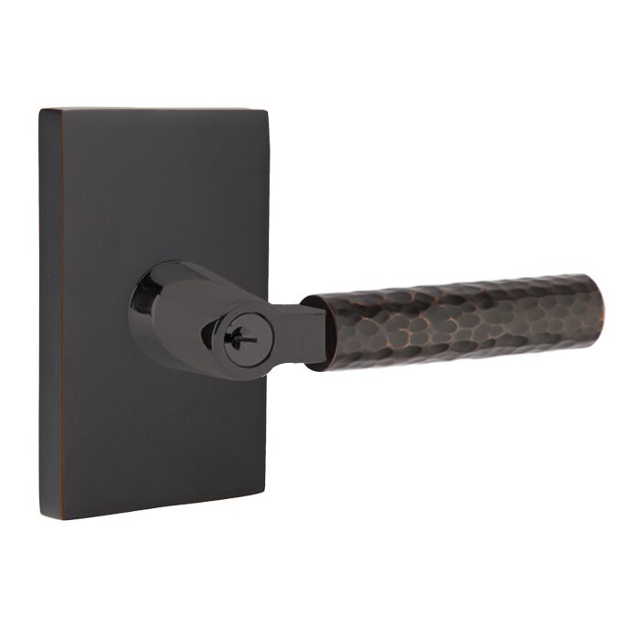 Emtek Key In L-Square Hammered Right Handed Lever with Modern Rectangular Rosette in Oil Rubbed Bronze