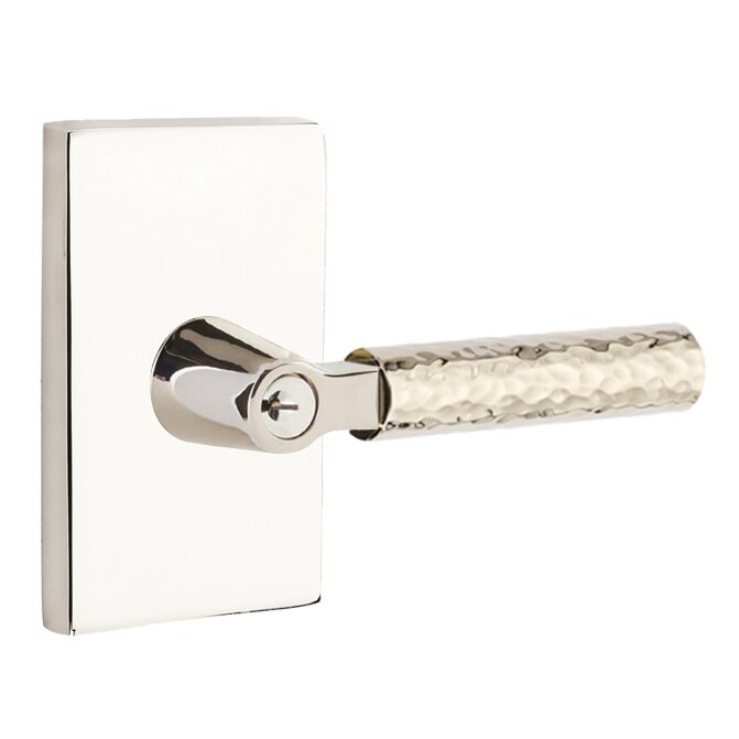 Emtek Key In L-Square Hammered Right Handed Lever with Modern Rectangular Rosette in Polished Nickel