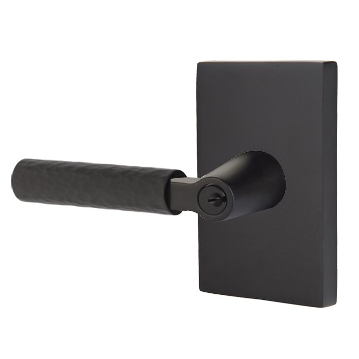 Emtek Key In L-Square Hammered Left Handed Lever with Modern Rectangular Rosette in Flat Black