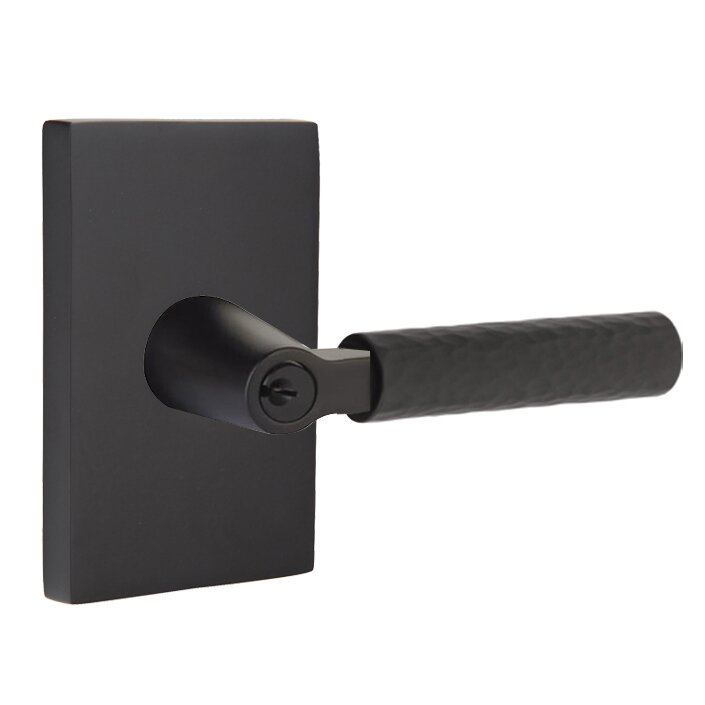 Emtek Key In L-Square Hammered Right Handed Lever with Modern Rectangular Rosette in Flat Black