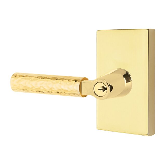 Emtek Key In L-Square Hammered Left Handed Lever with Modern Rectangular Rosette in Unlacquered Brass