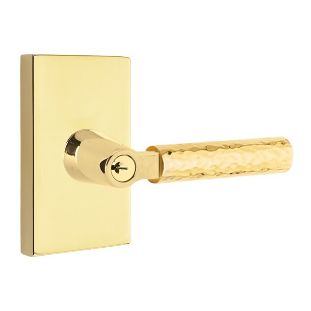 Emtek Key In L-Square Hammered Right Handed Lever with Modern Rectangular Rosette in Unlacquered Brass