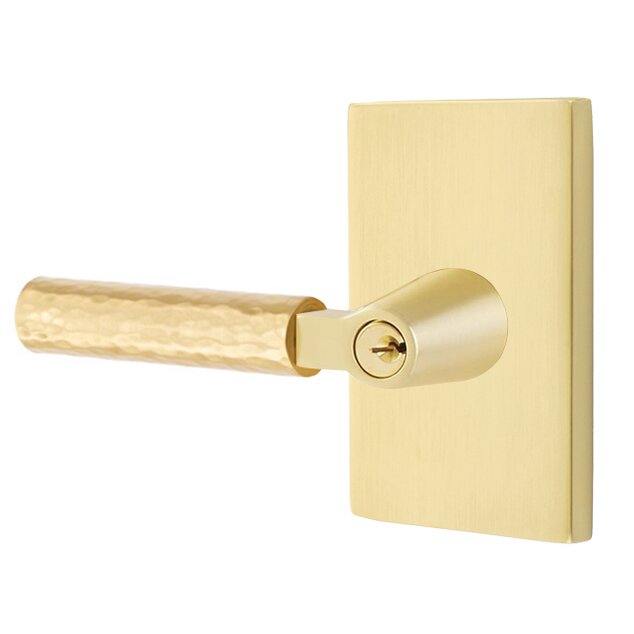 Emtek Key In L-Square Hammered Left Handed Lever with Modern Rectangular Rosette in Satin Brass