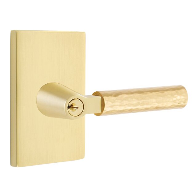 Emtek Key In L-Square Hammered Right Handed Lever with Modern Rectangular Rosette in Satin Brass