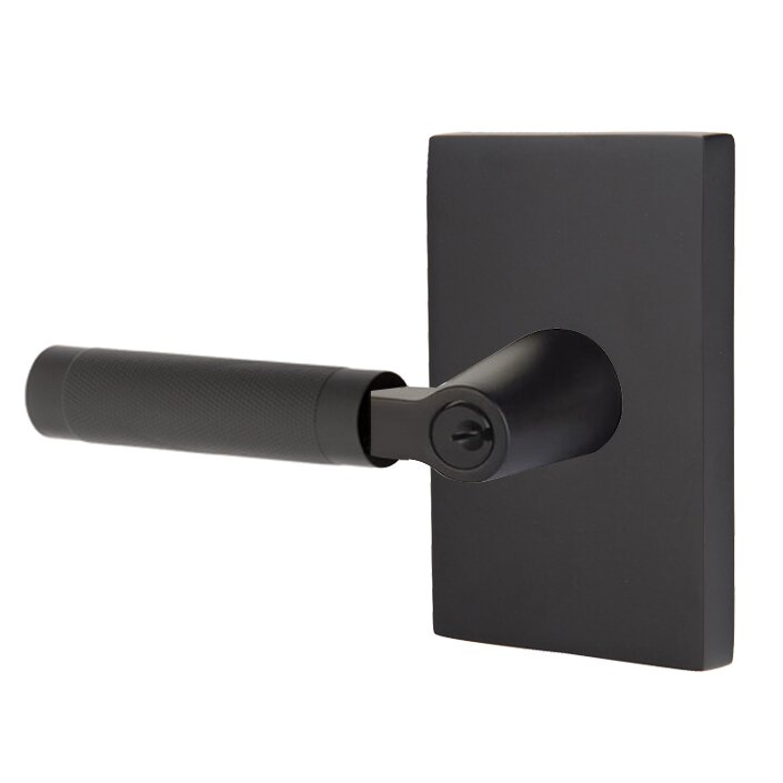 Emtek Key In L-Square Knurled Left Handed Lever with Modern Rectangular Rosette in Flat Black