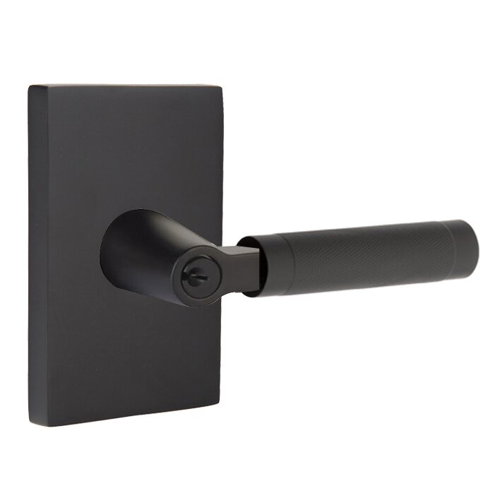 Emtek Key In L-Square Knurled Right Handed Lever with Modern Rectangular Rosette in Flat Black
