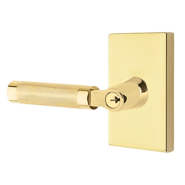 Emtek Key In L-Square Knurled Left Handed Lever with Modern Rectangular Rosette in Unlacquered Brass