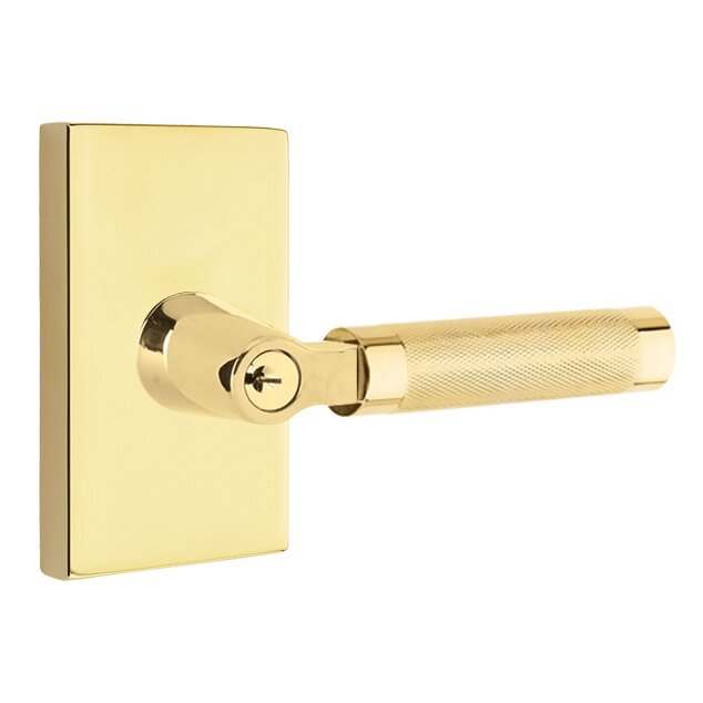 Emtek Key In L-Square Knurled Right Handed Lever with Modern Rectangular Rosette in Unlacquered Brass