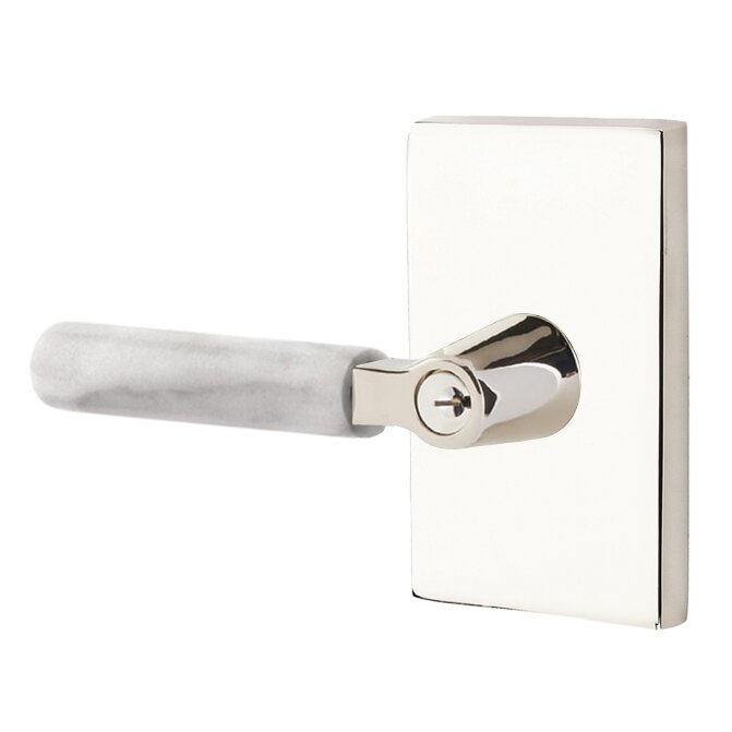 Emtek Key In L-Square White Marble Left Handed Lever with Modern Rectangular Rosette in Polished Nickel