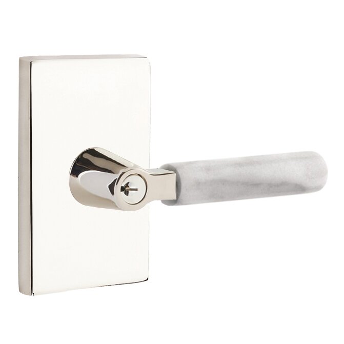 Emtek Key In L-Square White Marble Right Handed Lever with Modern Rectangular Rosette in Polished Nickel