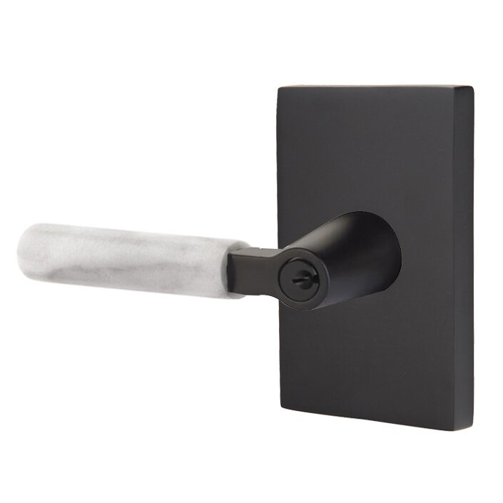 Emtek Key In L-Square White Marble Left Handed Lever with Modern Rectangular Rosette in Flat Black