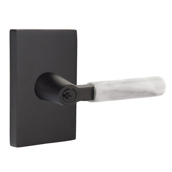 Emtek Key In L-Square White Marble Right Handed Lever with Modern Rectangular Rosette in Flat Black