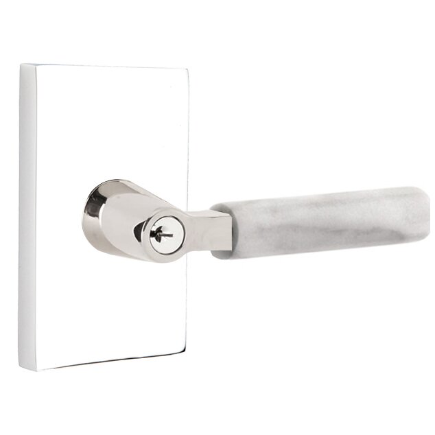 Emtek Key In L-Square White Marble Right Handed Lever with Modern Rectangular Rosette in Polished Chrome