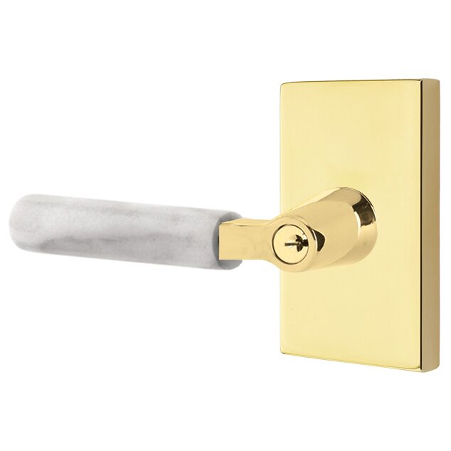 Emtek Key In L-Square White Marble Left Handed Lever with Modern Rectangular Rosette in Unlacquered Brass