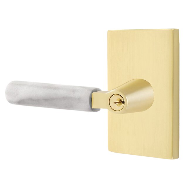 Emtek Key In L-Square White Marble Left Handed Lever with Modern Rectangular Rosette in Satin Brass