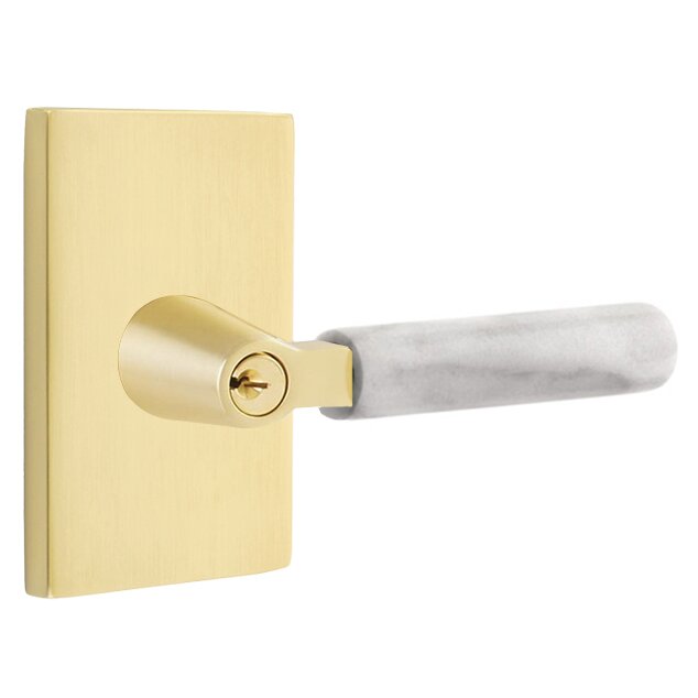 Emtek Key In L-Square White Marble Right Handed Lever with Modern Rectangular Rosette in Satin Brass