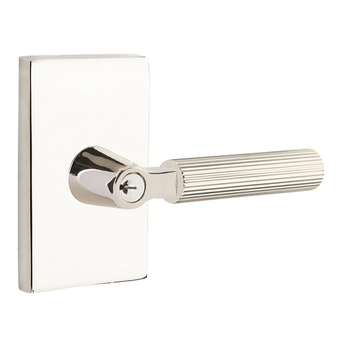 Emtek Key In L-Square Straight Knurled Right Handed Lever with Modern Rectangular Rosette in Polished Nickel