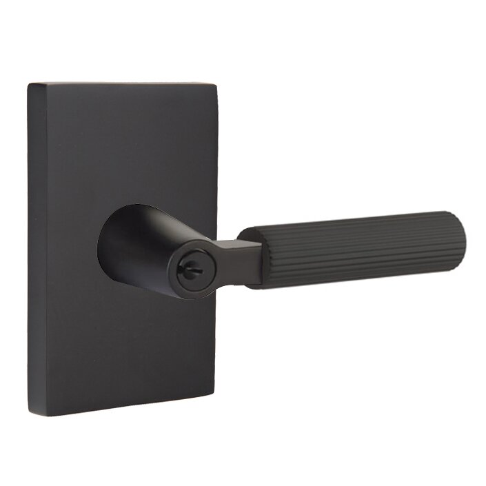 Emtek Key In L-Square Straight Knurled Right Handed Lever with Modern Rectangular Rosette in Flat Black