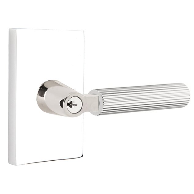 Emtek Key In L-Square Straight Knurled Right Handed Lever with Modern Rectangular Rosette in Polished Chrome