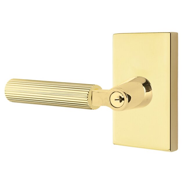 Emtek Key In L-Square Straight Knurled Left Handed Lever with Modern Rectangular Rosette in Unlacquered Brass