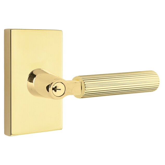 Emtek Key In L-Square Straight Knurled Right Handed Lever with Modern Rectangular Rosette in Unlacquered Brass