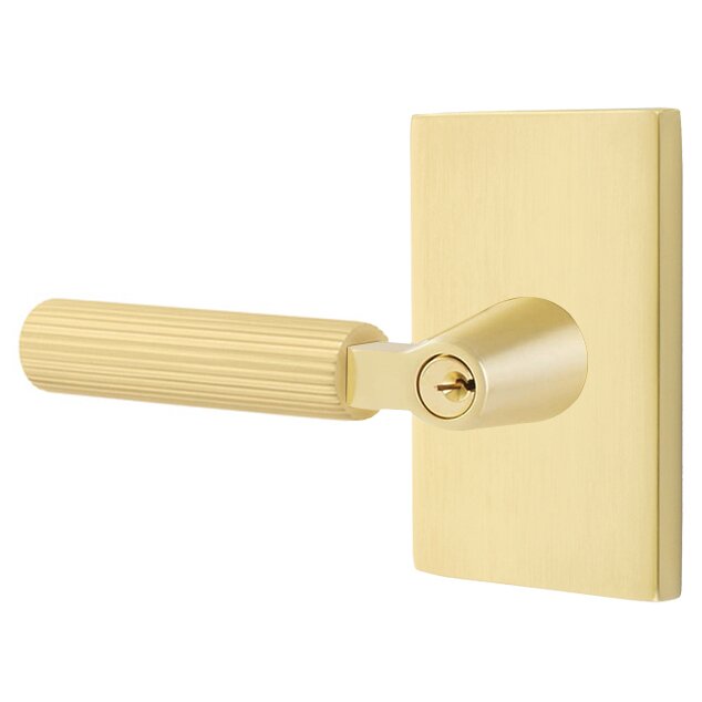 Emtek Key In L-Square Straight Knurled Left Handed Lever with Modern Rectangular Rosette in Satin Brass