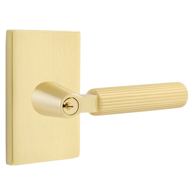 Emtek Key In L-Square Straight Knurled Right Handed Lever with Modern Rectangular Rosette in Satin Brass