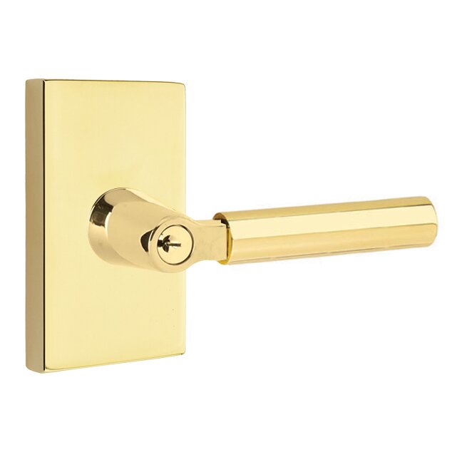 Emtek Key In L-Square Smooth Right Handed Lever with Modern Rectangular Rosette in Unlacquered Brass