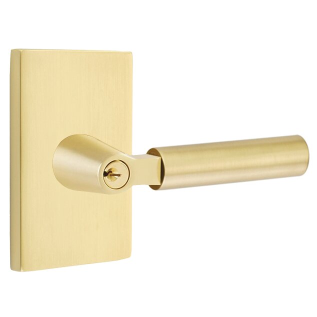 Emtek Key In L-Square Smooth Right Handed Lever with Modern Rectangular Rosette in Satin Brass