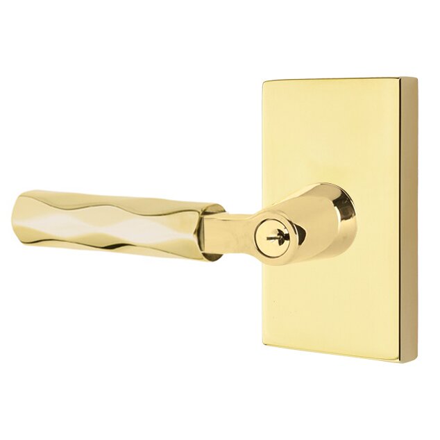 Emtek Key In L-Square Tribeca Left Handed Lever with Modern Rectangular Rosette in Unlacquered Brass