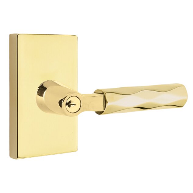 Emtek Key In L-Square Tribeca Right Handed Lever with Modern Rectangular Rosette in Unlacquered Brass