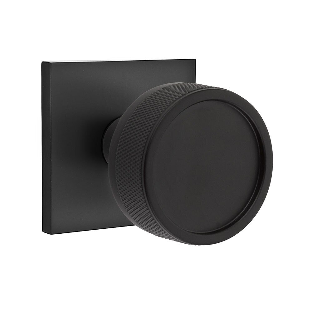 Emtek Privacy Square Rosette with Concealed Screws Conical Stem and Knurled Knob in Flat Black