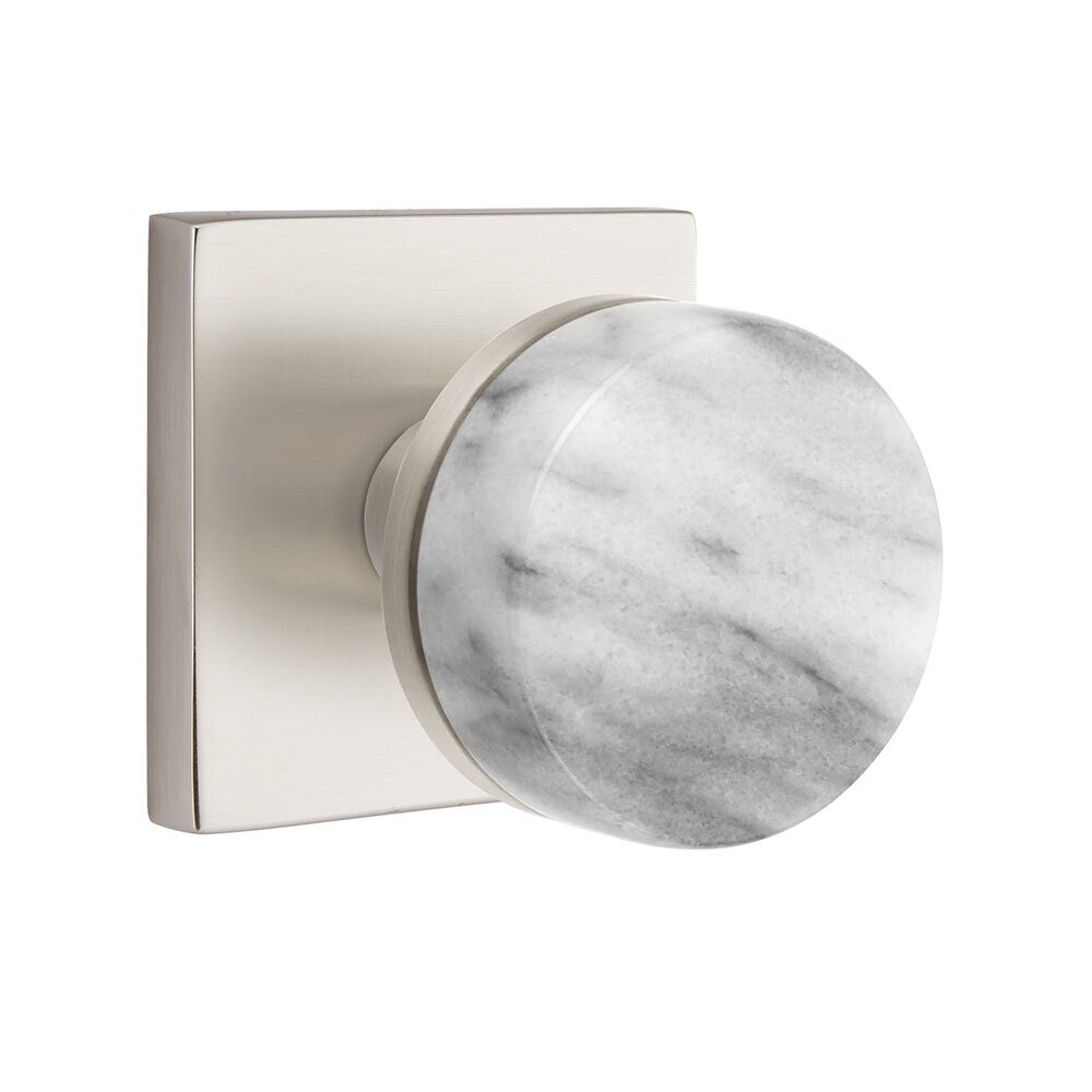 Emtek Privacy Square Rosette with Conical Stem and White Marble Knob in Satin Nickel