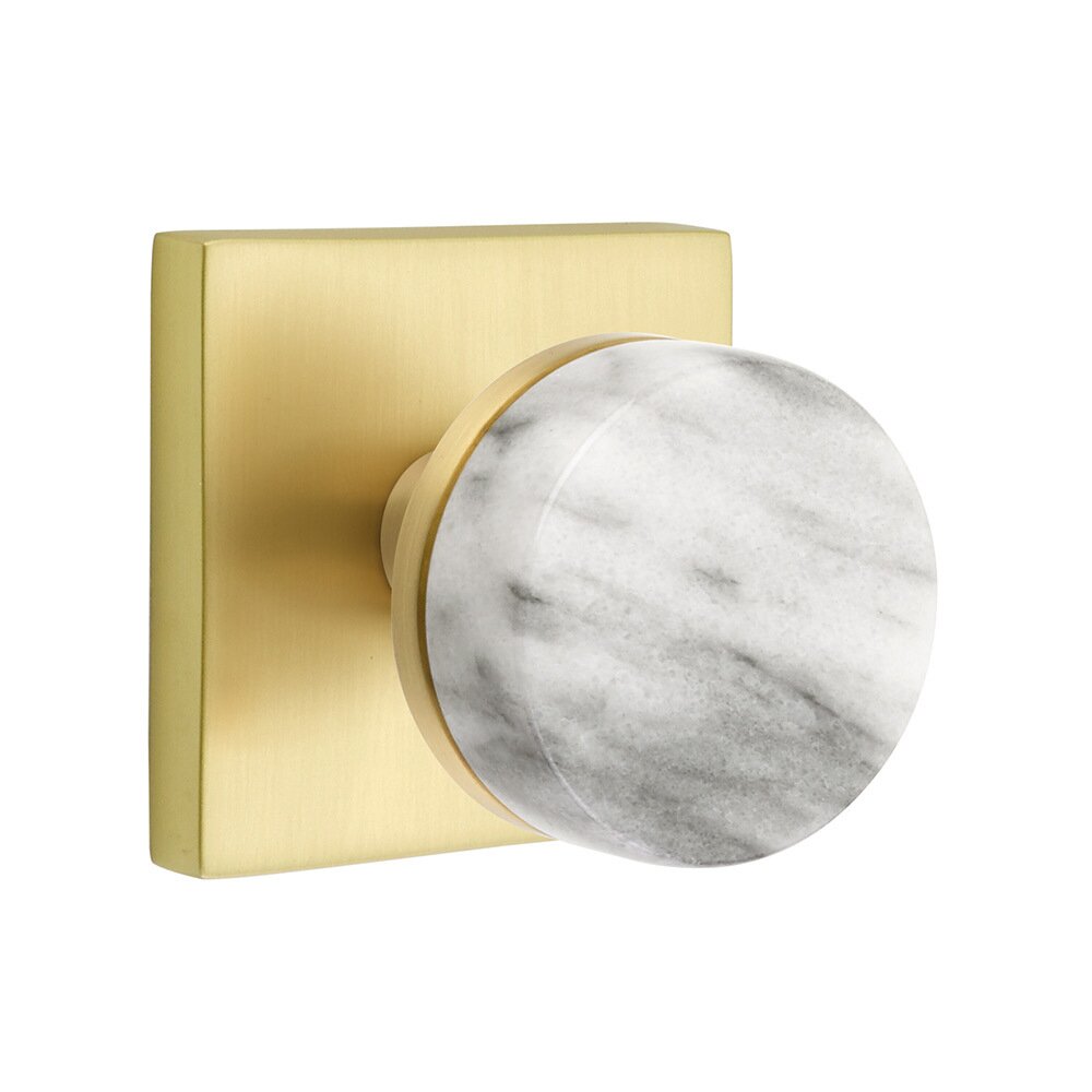 Emtek Privacy Square Rosette with Conical Stem and White Marble Knob in Satin Brass