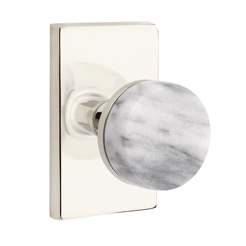 Emtek Privacy Modern Rectangular Rosette with Concealed Screws Conical Stem and White Marble Knob in Polished Nickel